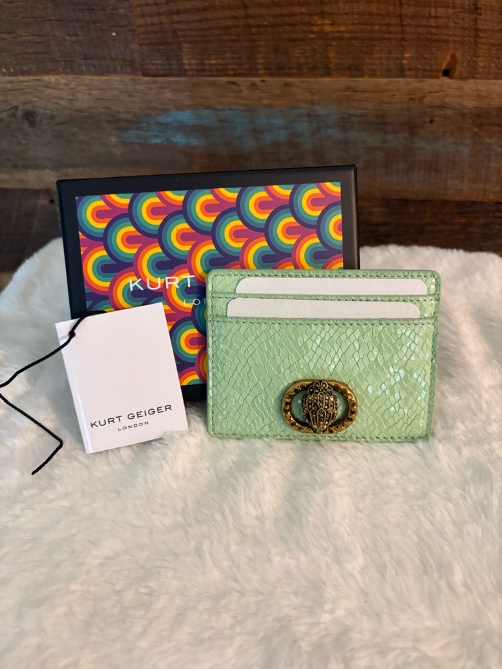 Kurt Geiger Light Mint Snake-Embossed Card Holder with Gold Hardware